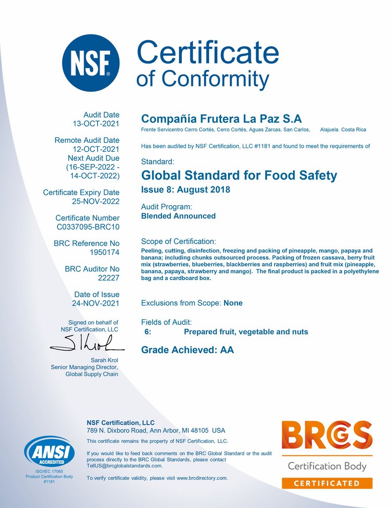 NSF Certificate of Conformity